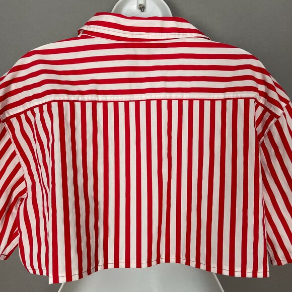 Zara Top Red White Stripes DIY Cropped Boxy Short Sleeves Button-Up Pocket - Picture 3 of 9